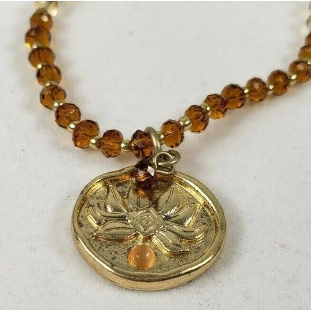 Coldwater Creek Necklace Yellow & Gold Tone Beaded Stamped Floral Pendant 19